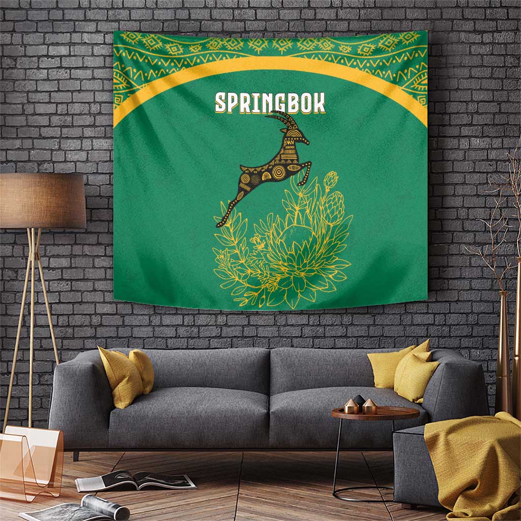 South Africa Springboks Tapestry with Tribal Antelope Design and Floral Accents