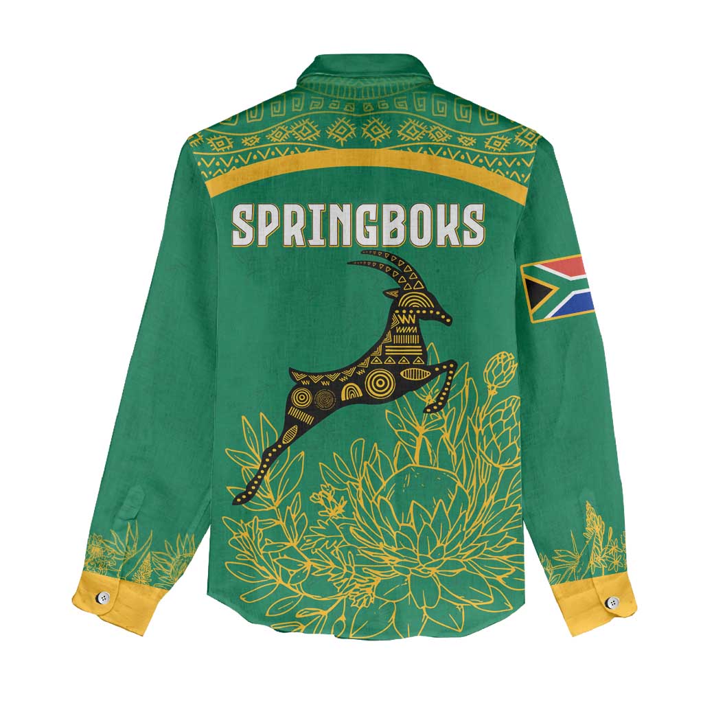 South Africa Springboks Women Casual Shirt with Tribal Antelope Design and Floral Accents