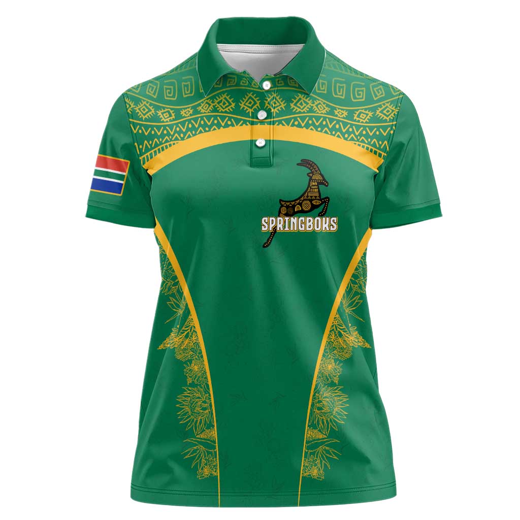 South Africa Springboks Women Polo Shirt with Tribal Antelope Design and Floral Accents