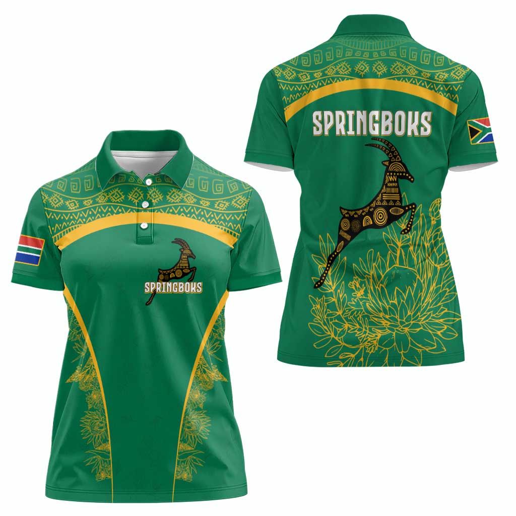 South Africa Springboks Women Polo Shirt with Tribal Antelope Design and Floral Accents