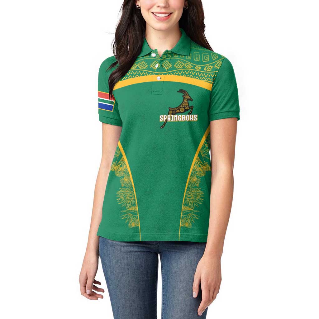 South Africa Springboks Women Polo Shirt with Tribal Antelope Design and Floral Accents