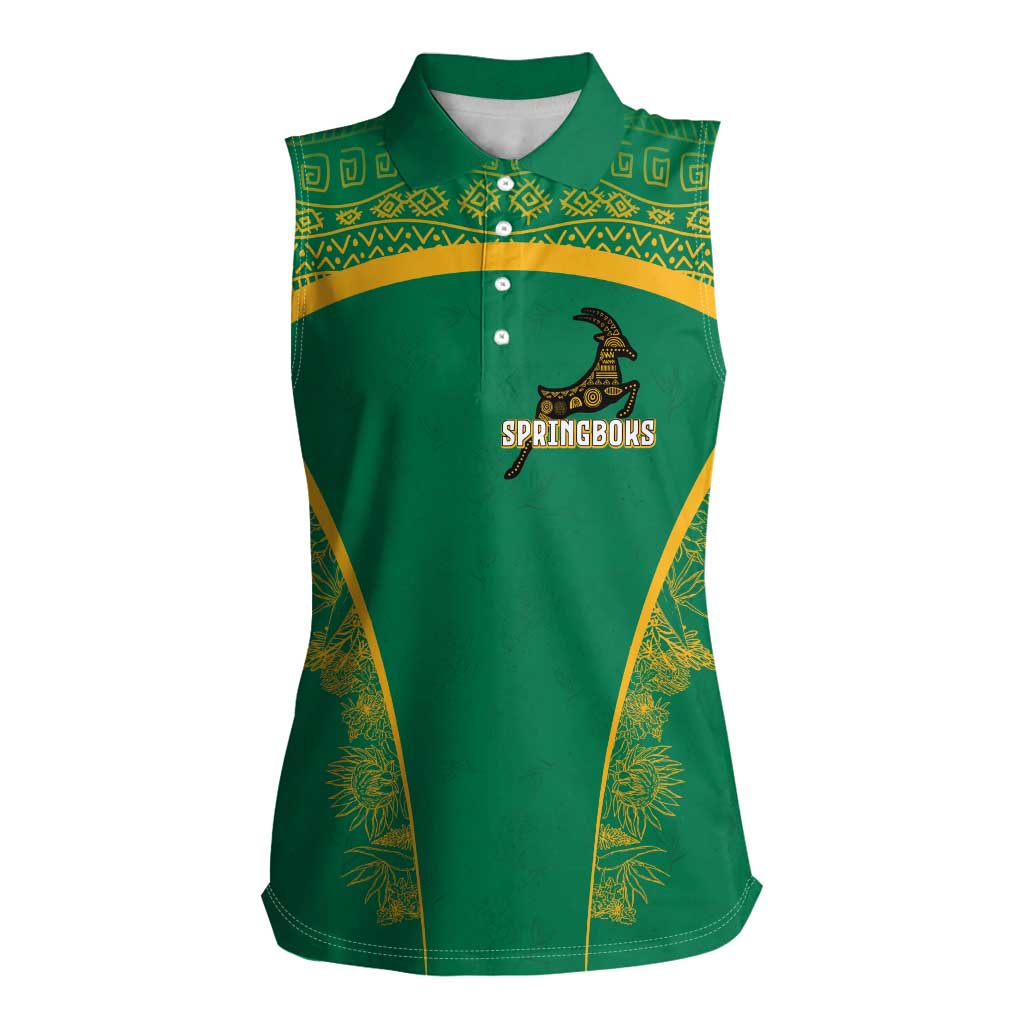 South Africa Springboks Women Sleeveless Polo Shirt with Tribal Antelope Design and Floral Accents