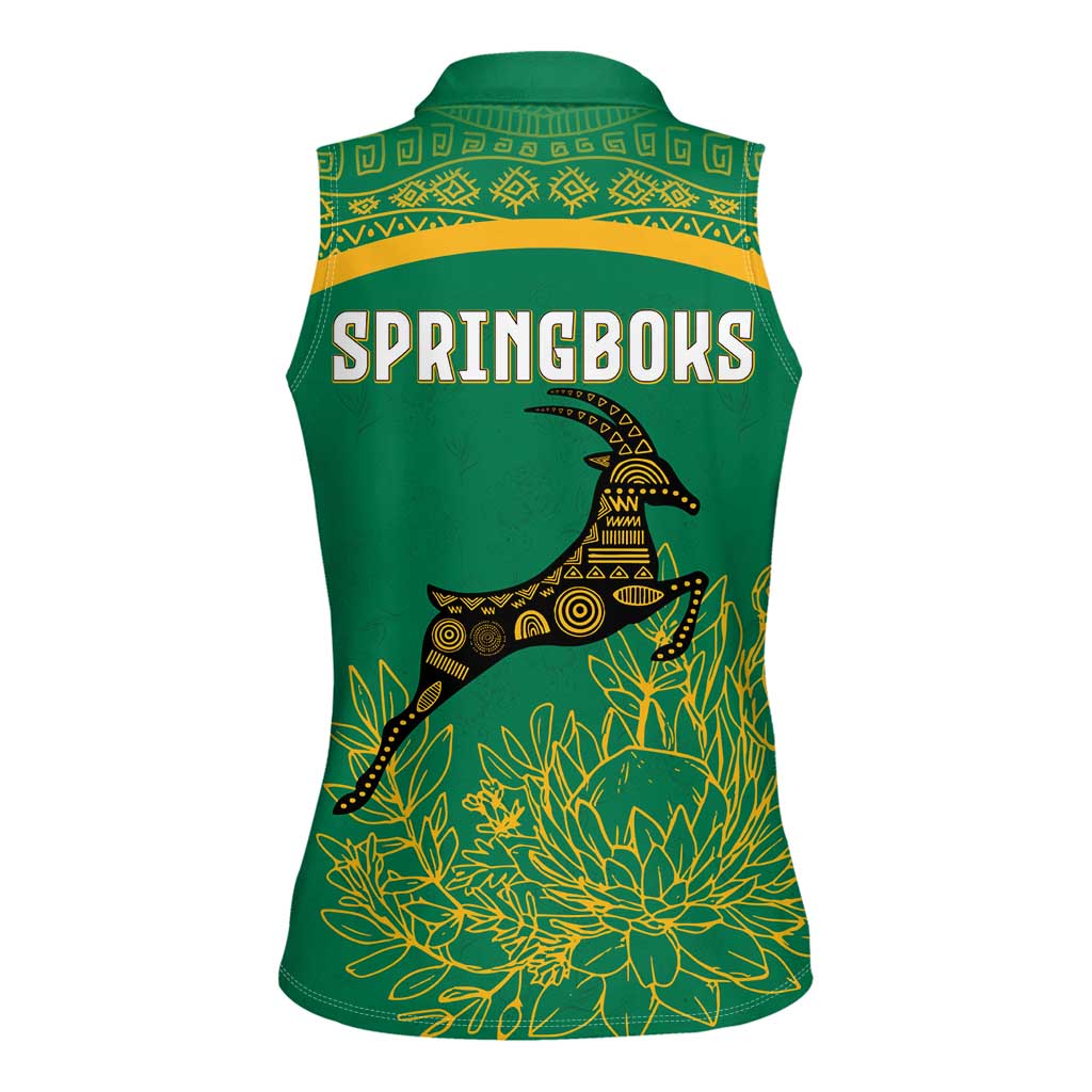 South Africa Springboks Women Sleeveless Polo Shirt with Tribal Antelope Design and Floral Accents