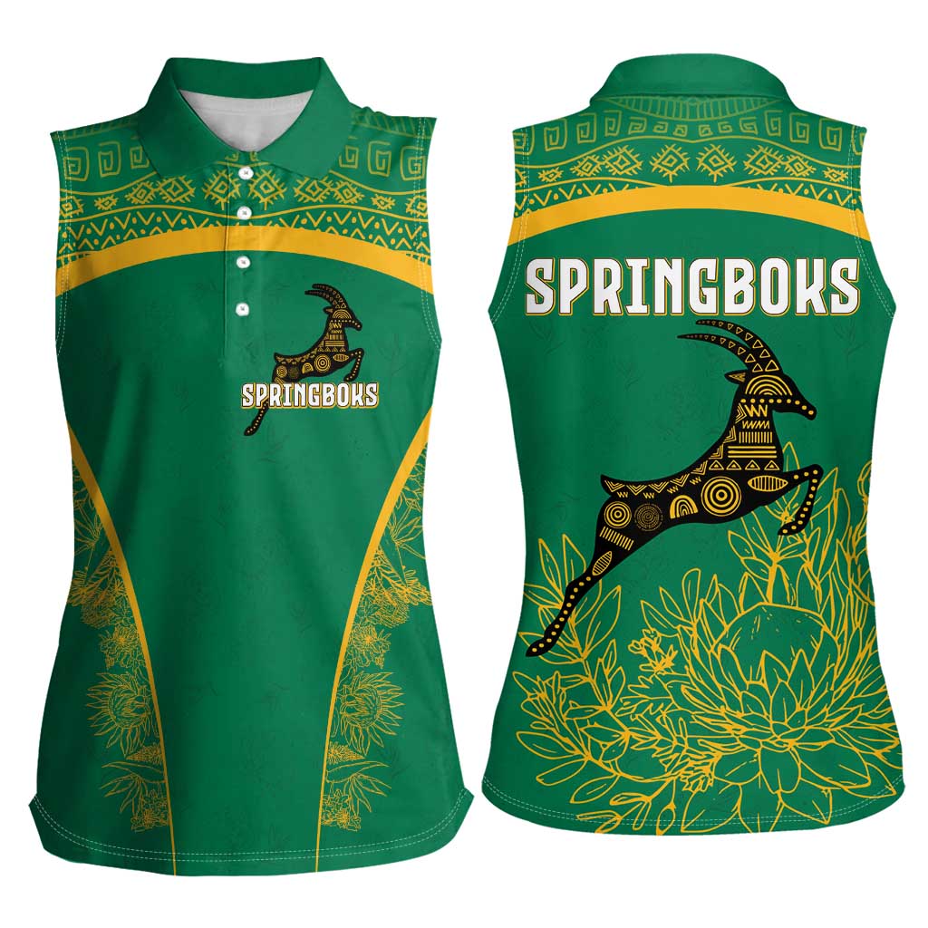 South Africa Springboks Women Sleeveless Polo Shirt with Tribal Antelope Design and Floral Accents