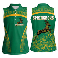 South Africa Springboks Women Sleeveless Polo Shirt with Tribal Antelope Design and Floral Accents