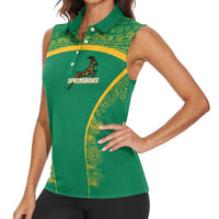 South Africa Springboks Women Sleeveless Polo Shirt with Tribal Antelope Design and Floral Accents