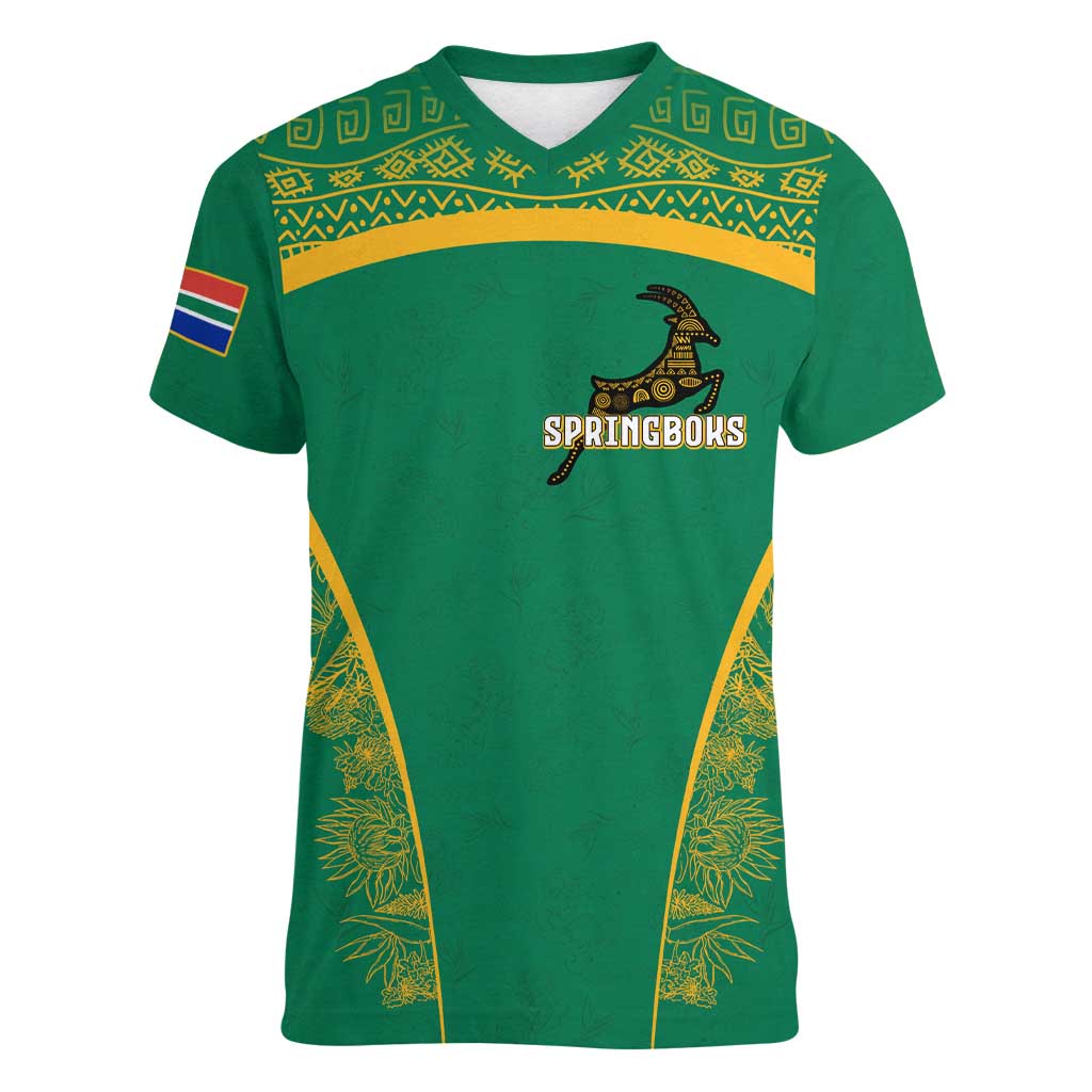 South Africa Springboks Women V-Neck T-Shirt with Tribal Antelope Design and Floral Accents