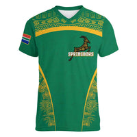 South Africa Springboks Women V-Neck T-Shirt with Tribal Antelope Design and Floral Accents