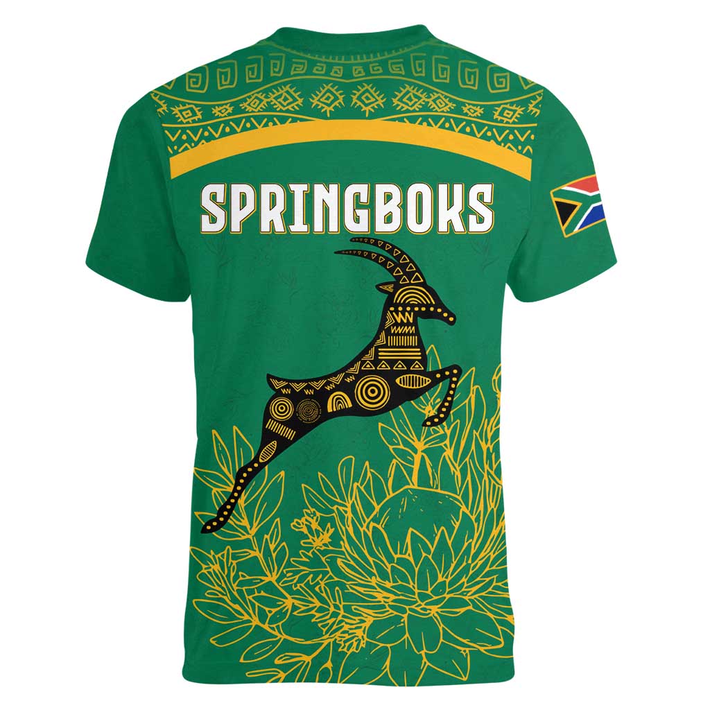 South Africa Springboks Women V-Neck T-Shirt with Tribal Antelope Design and Floral Accents