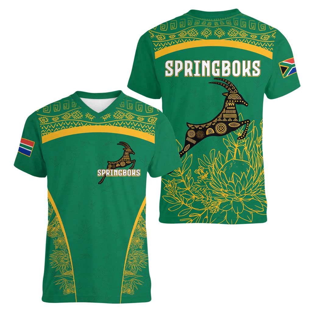 South Africa Springboks Women V-Neck T-Shirt with Tribal Antelope Design and Floral Accents
