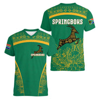 South Africa Springboks Women V-Neck T-Shirt with Tribal Antelope Design and Floral Accents