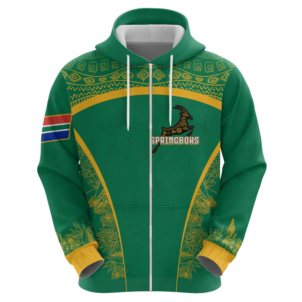 South Africa Springboks Zip Hoodie with Tribal Antelope Design and Floral Accents