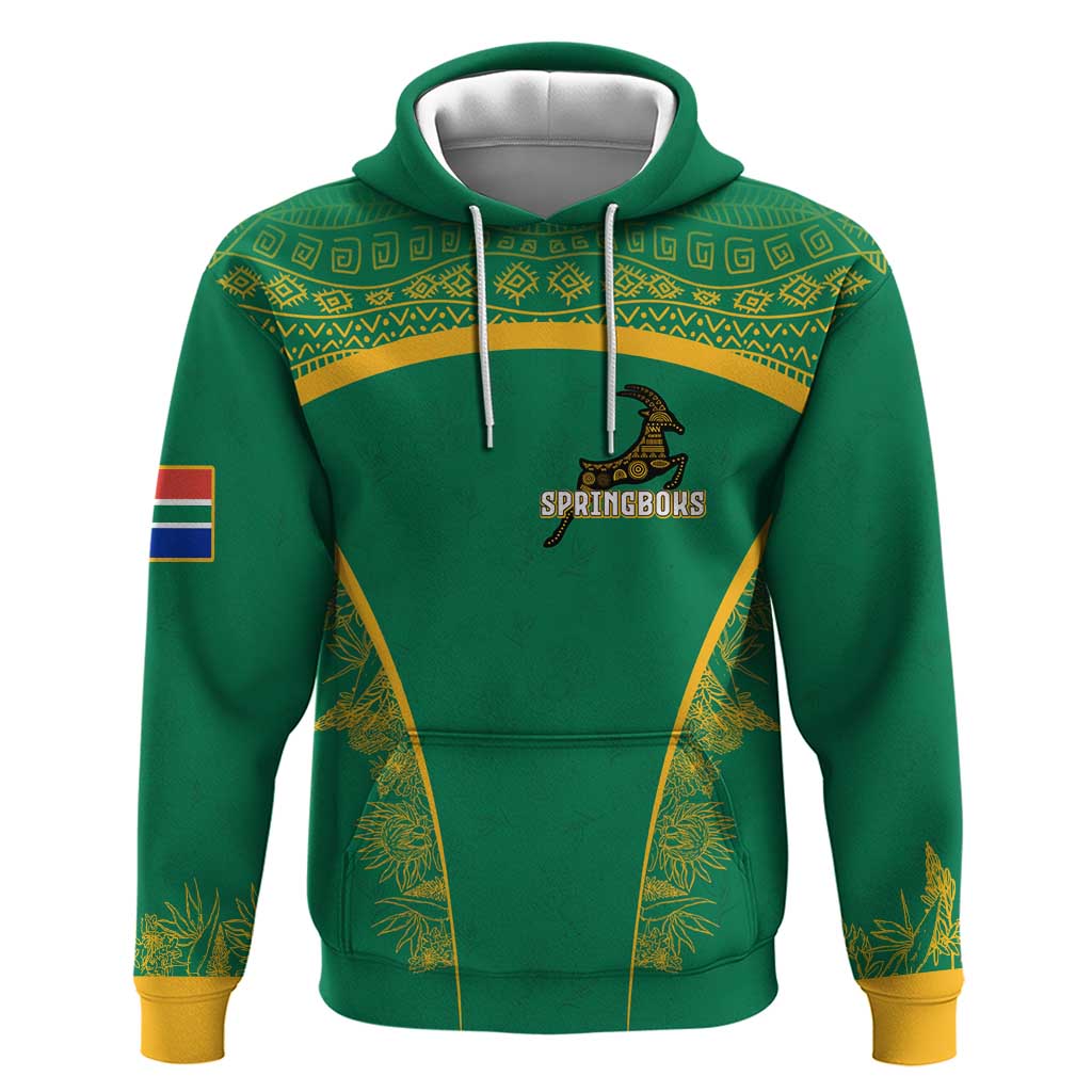 South Africa Springboks Zip Hoodie with Tribal Antelope Design and Floral Accents
