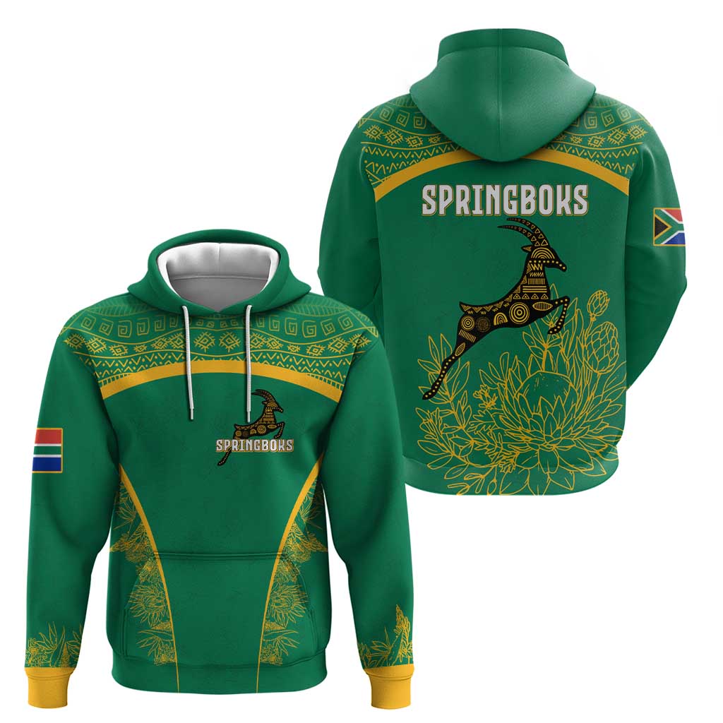 South Africa Springboks Zip Hoodie with Tribal Antelope Design and Floral Accents
