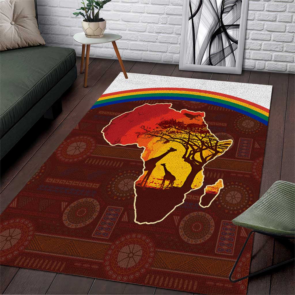 African Sunset Heritage Area Rug Tribal Pattern with Continent Silhouette, Rainbow Arc & Safari Scene
