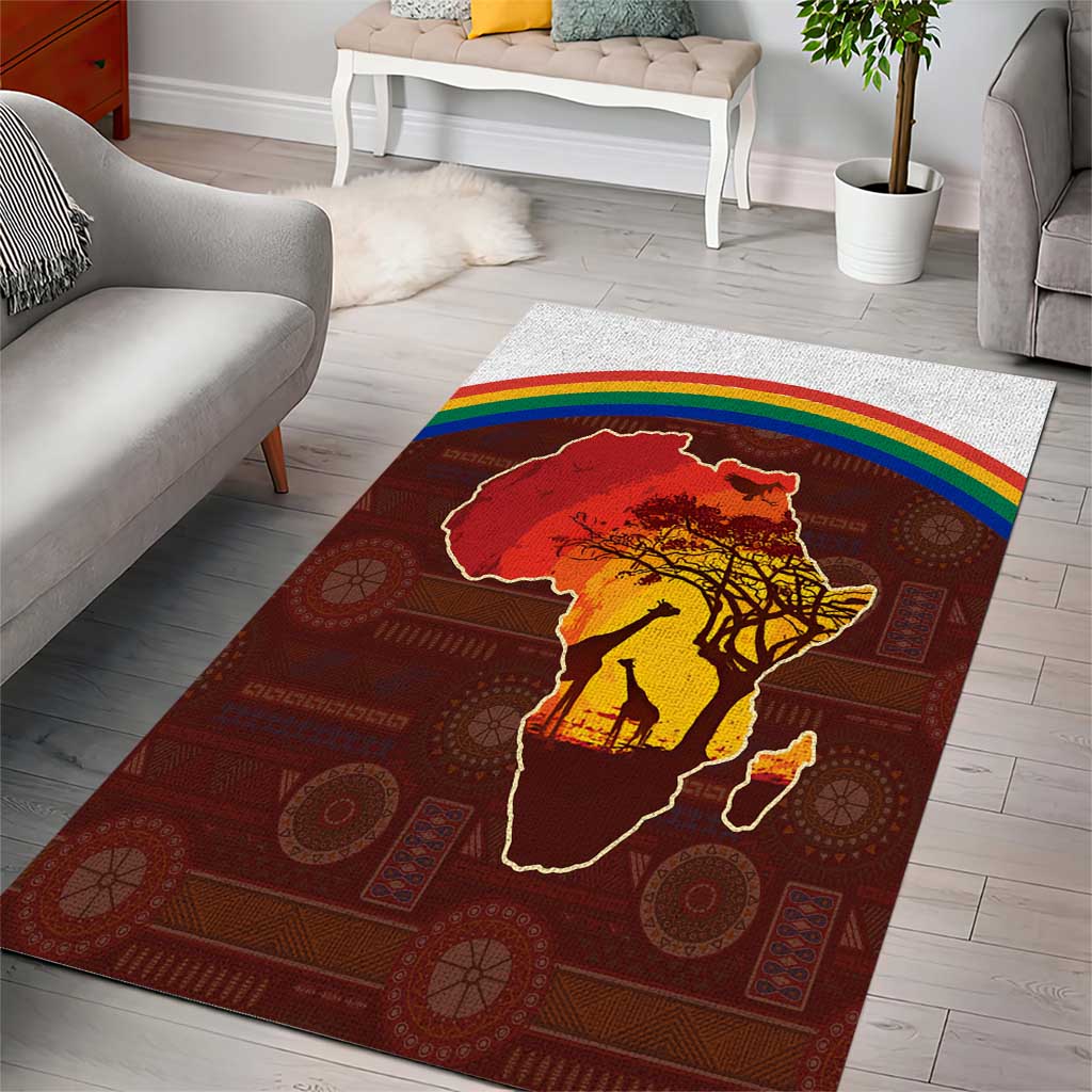 African Sunset Heritage Area Rug Tribal Pattern with Continent Silhouette, Rainbow Arc & Safari Scene