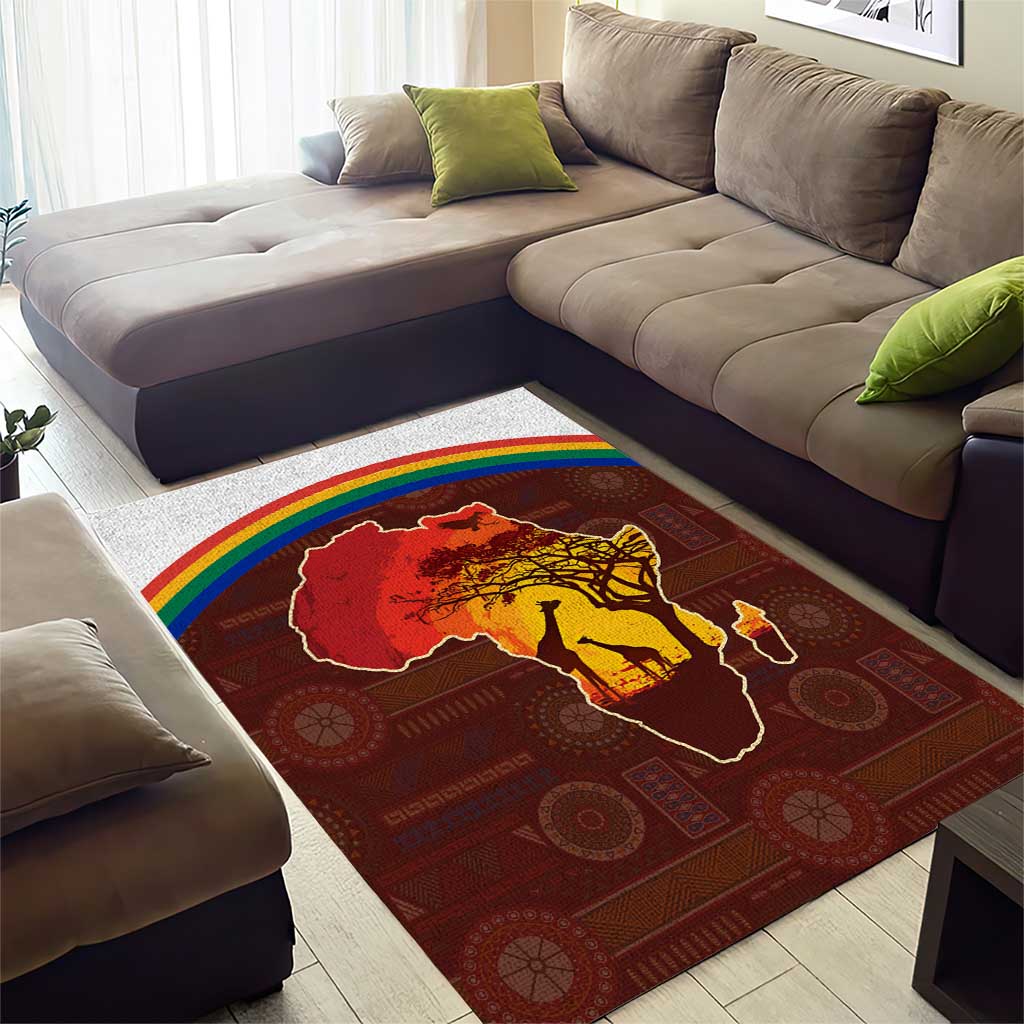 African Sunset Heritage Area Rug Tribal Pattern with Continent Silhouette, Rainbow Arc & Safari Scene