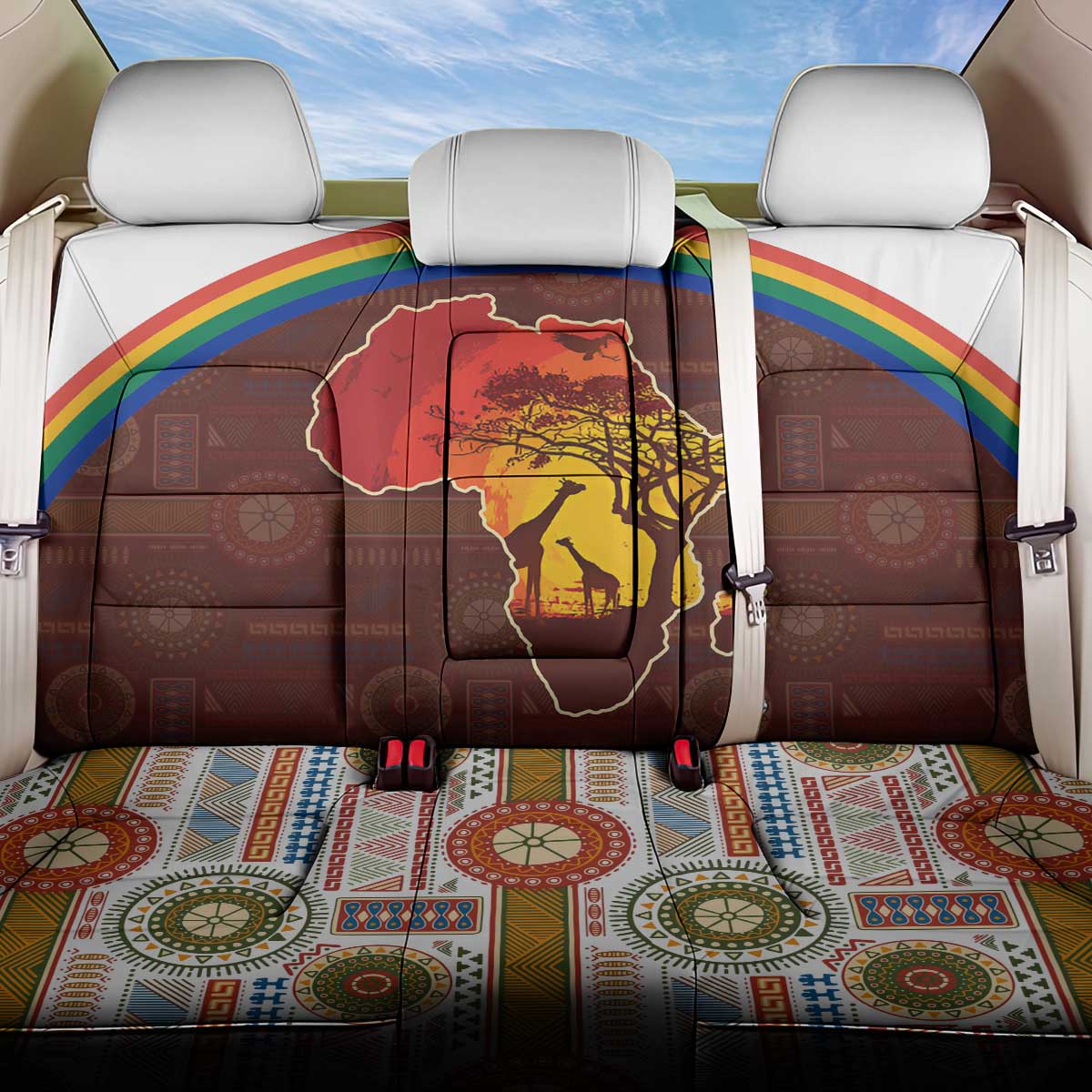 African Sunset Heritage Back Car Seat Cover Tribal Pattern with Continent Silhouette, Rainbow Arc & Safari Scene