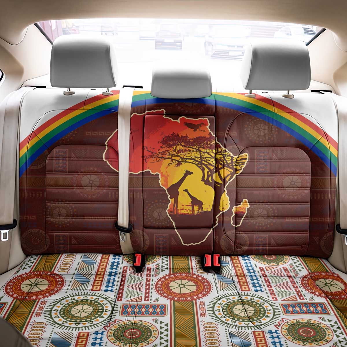 African Sunset Heritage Back Car Seat Cover Tribal Pattern with Continent Silhouette, Rainbow Arc & Safari Scene