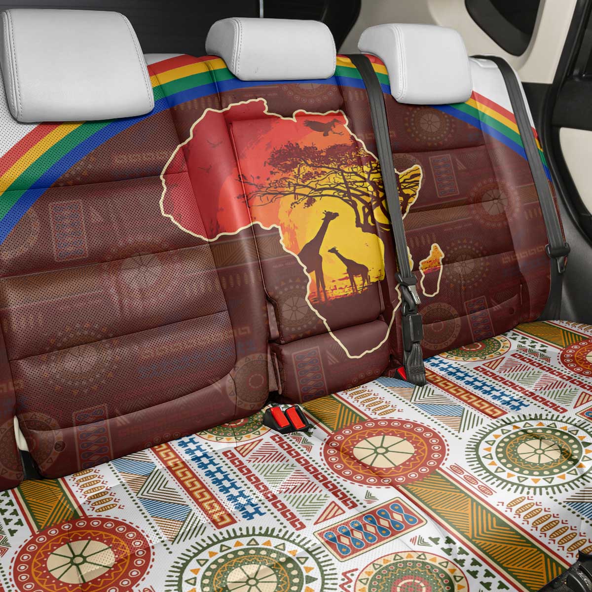 African Sunset Heritage Back Car Seat Cover Tribal Pattern with Continent Silhouette, Rainbow Arc & Safari Scene