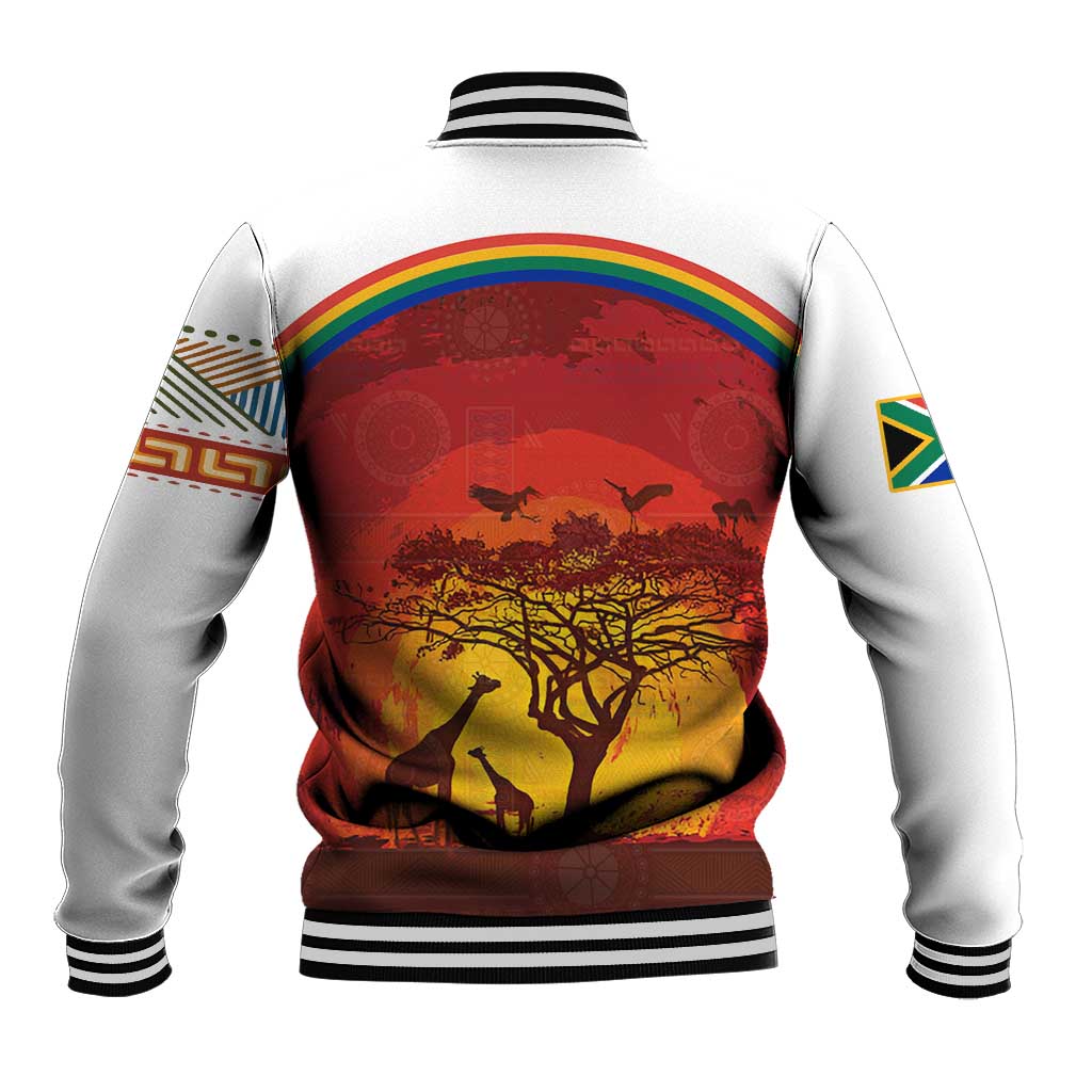 African Sunset Heritage Baseball Jacket Tribal Pattern with Continent Silhouette, Rainbow Arc & Safari Scene