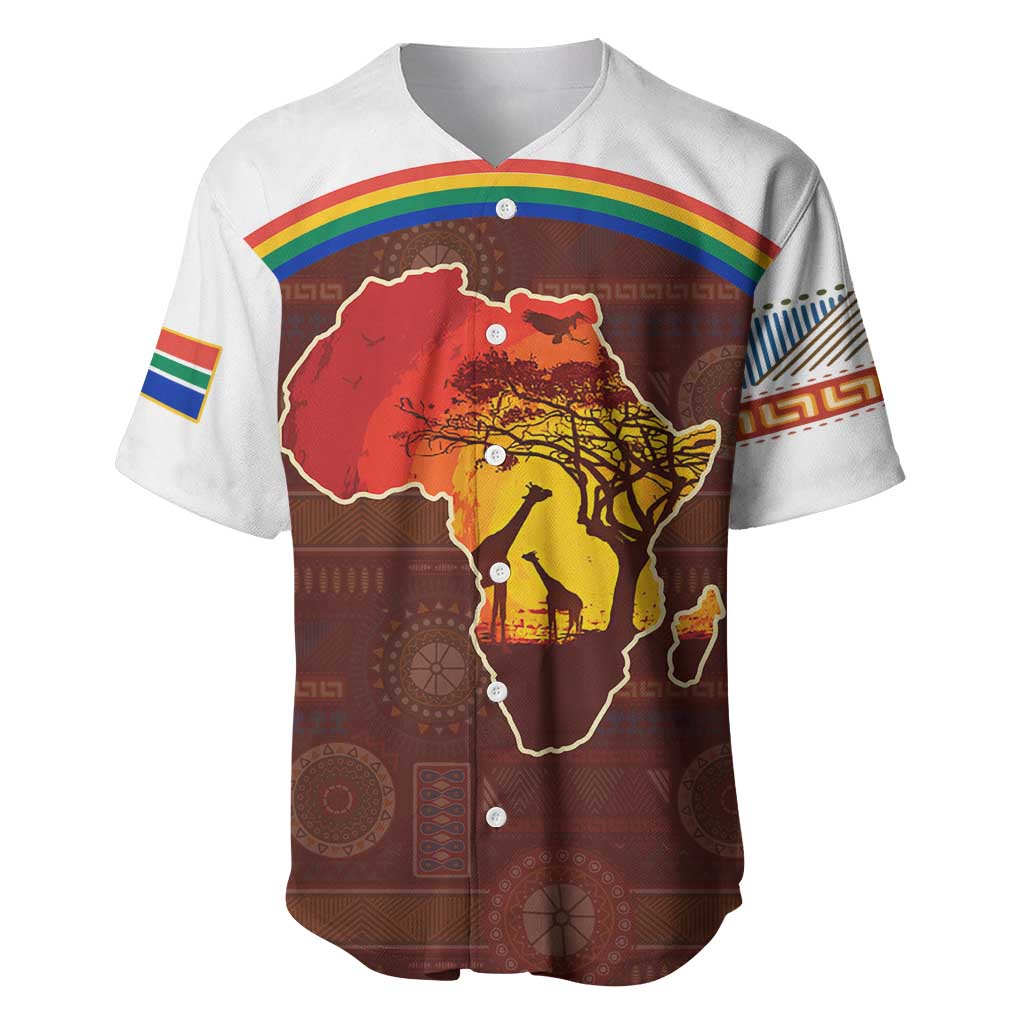 African Sunset Heritage Baseball Jersey Tribal Pattern with Continent Silhouette, Rainbow Arc & Safari Scene