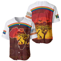 African Sunset Heritage Baseball Jersey Tribal Pattern with Continent Silhouette, Rainbow Arc & Safari Scene