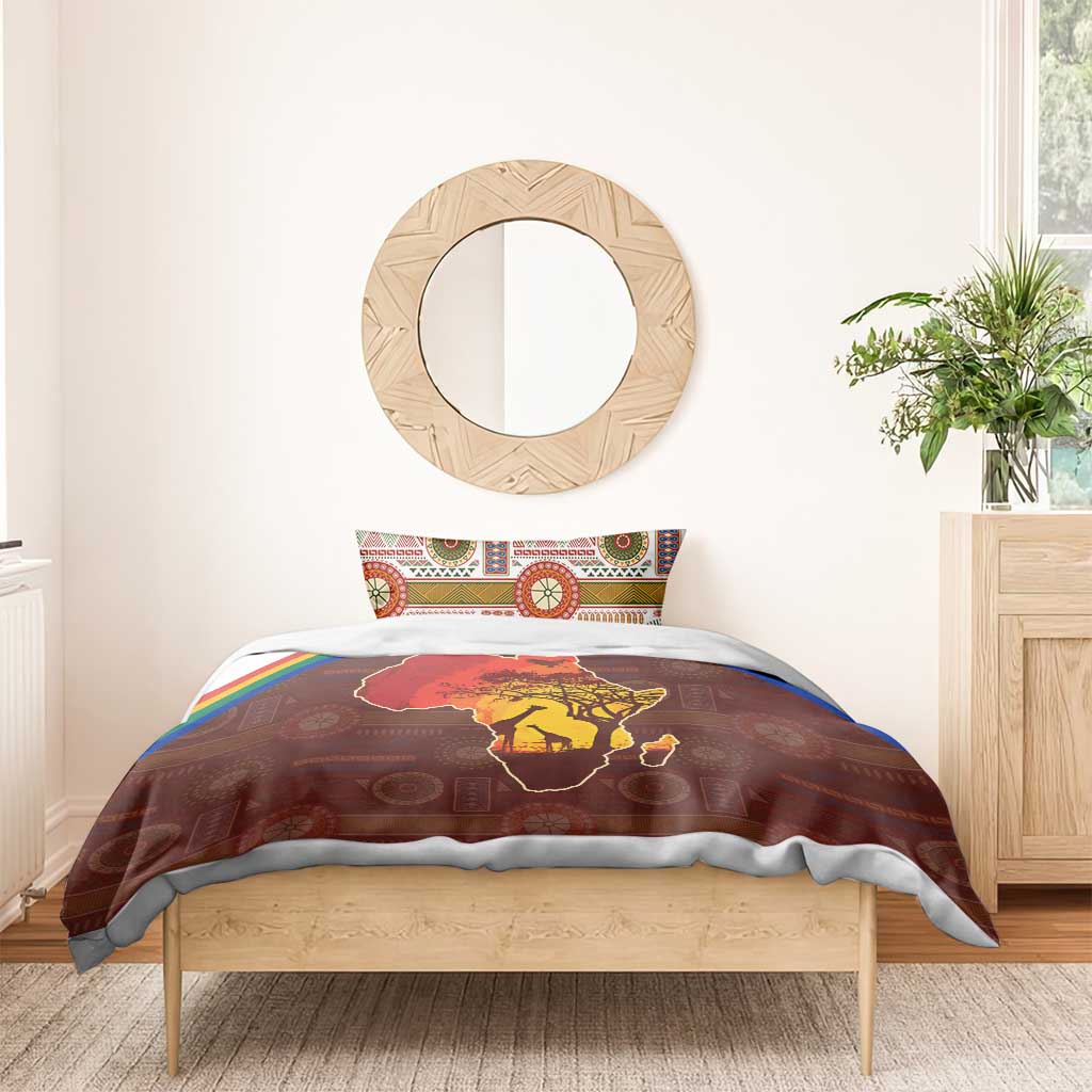 African Sunset Heritage Bedding Set Tribal Pattern with Continent Silhouette, Rainbow Arc & Safari Scene