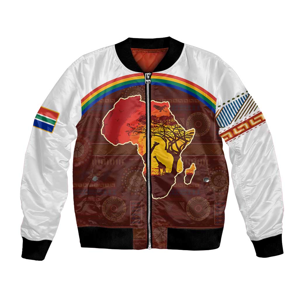 African Sunset Heritage Bomber Jacket Tribal Pattern with Continent Silhouette, Rainbow Arc & Safari Scene