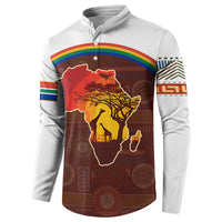 African Sunset Heritage Button Sweatshirt Tribal Pattern with Continent Silhouette, Rainbow Arc & Safari Scene