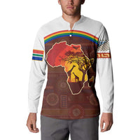 African Sunset Heritage Button Sweatshirt Tribal Pattern with Continent Silhouette, Rainbow Arc & Safari Scene