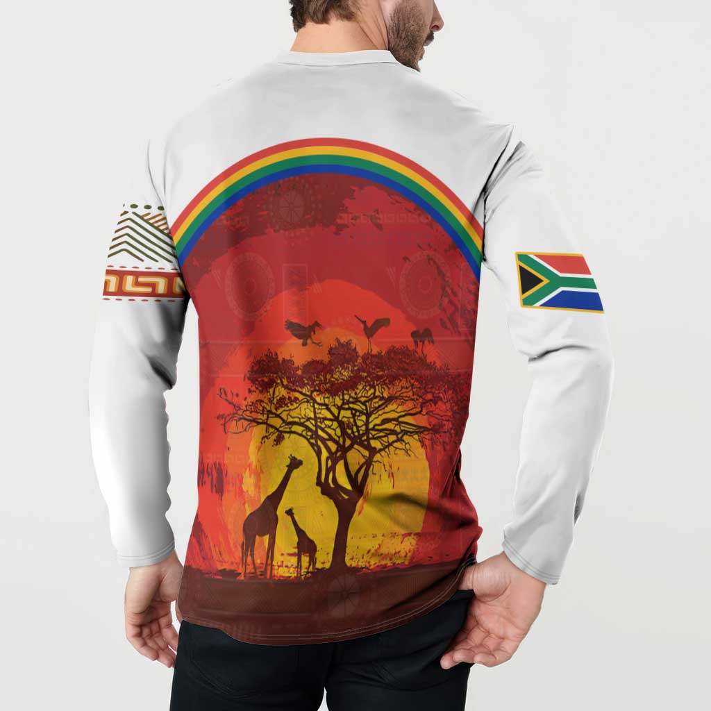 African Sunset Heritage Button Sweatshirt Tribal Pattern with Continent Silhouette, Rainbow Arc & Safari Scene