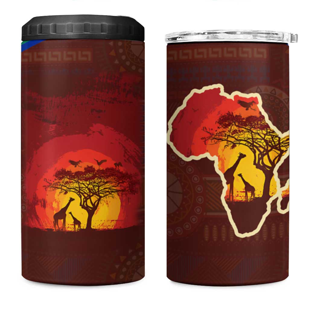 African Sunset Heritage 4 in 1 Can Cooler Tumbler Tribal Pattern with Continent Silhouette, Rainbow Arc & Safari Scene