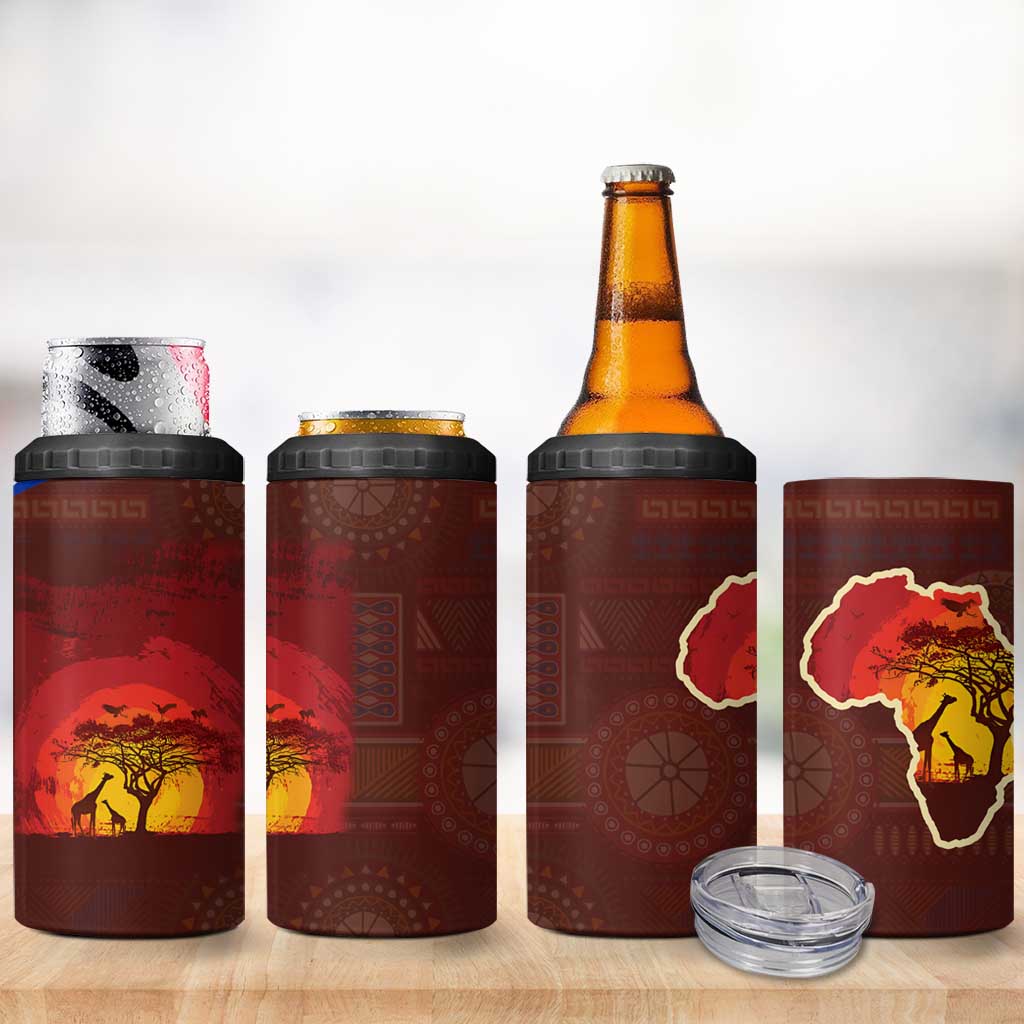 African Sunset Heritage 4 in 1 Can Cooler Tumbler Tribal Pattern with Continent Silhouette, Rainbow Arc & Safari Scene