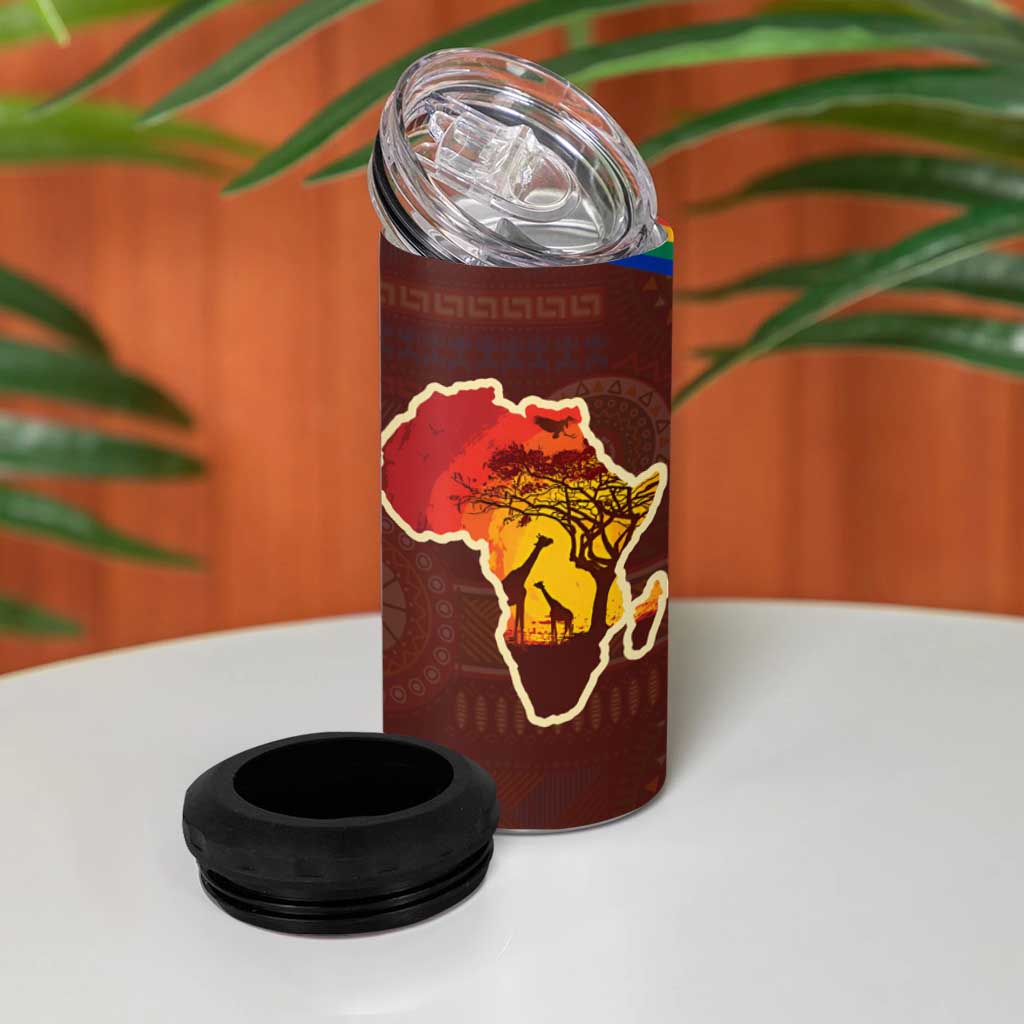 African Sunset Heritage 4 in 1 Can Cooler Tumbler Tribal Pattern with Continent Silhouette, Rainbow Arc & Safari Scene