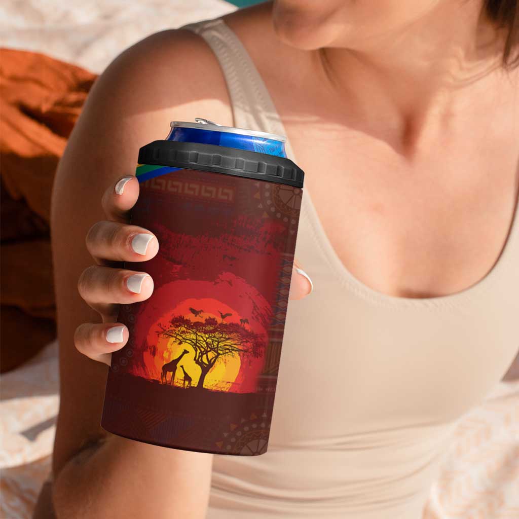 African Sunset Heritage 4 in 1 Can Cooler Tumbler Tribal Pattern with Continent Silhouette, Rainbow Arc & Safari Scene