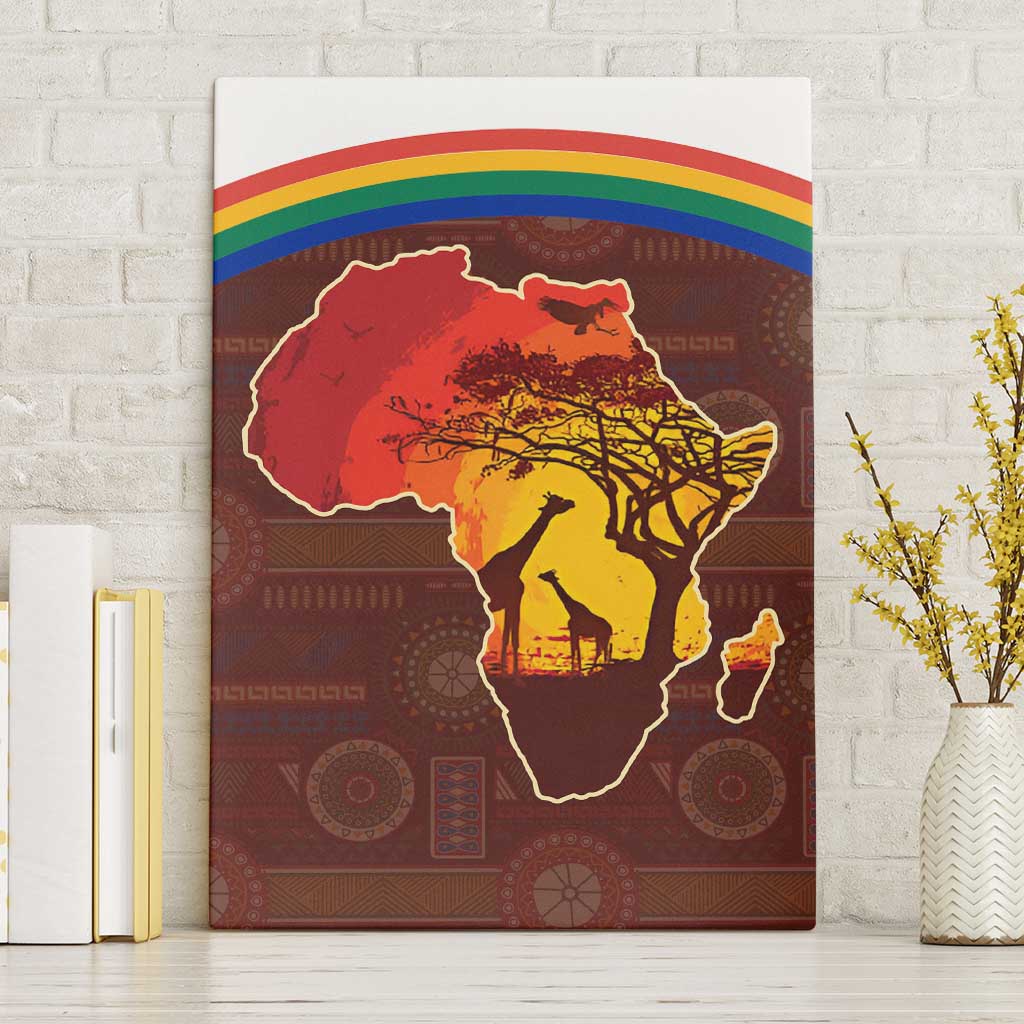 African Sunset Heritage Canvas Wall Art Tribal Pattern with Continent Silhouette, Rainbow Arc & Safari Scene