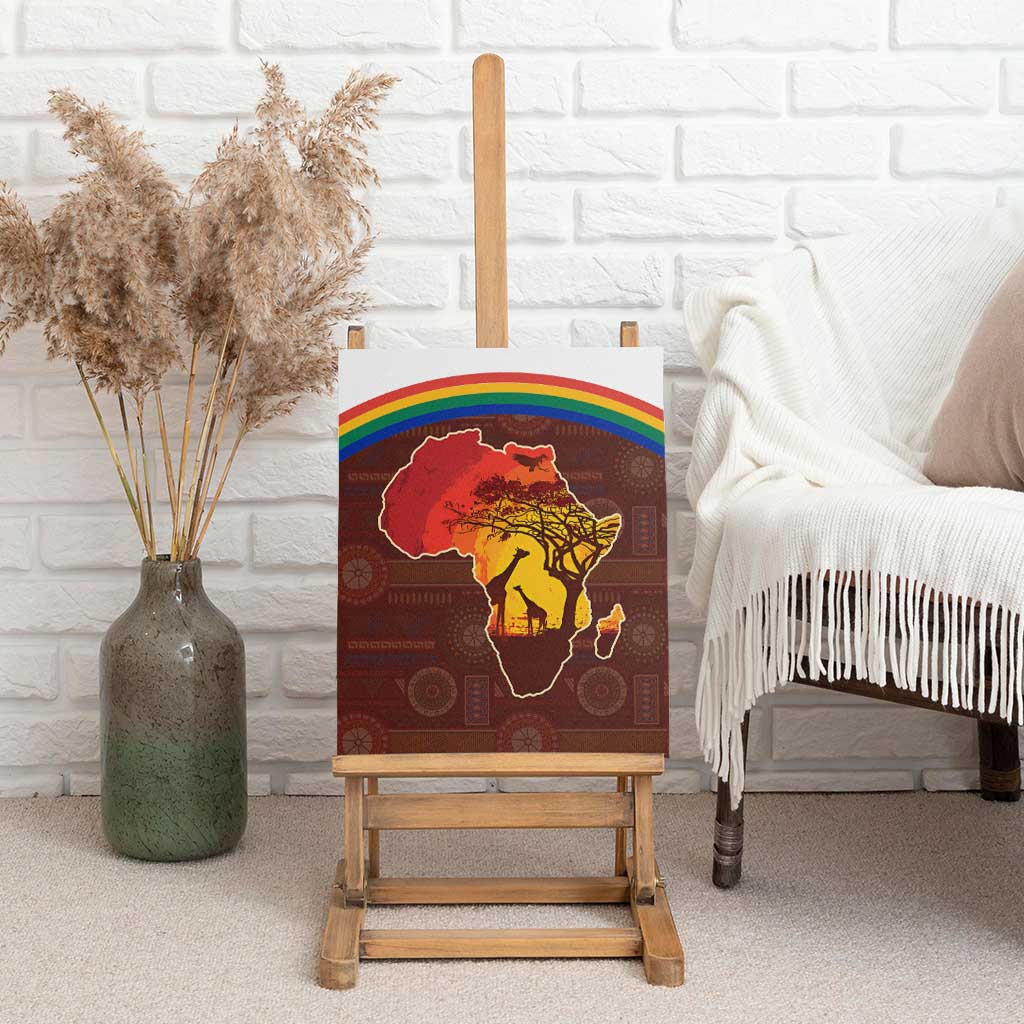 African Sunset Heritage Canvas Wall Art Tribal Pattern with Continent Silhouette, Rainbow Arc & Safari Scene