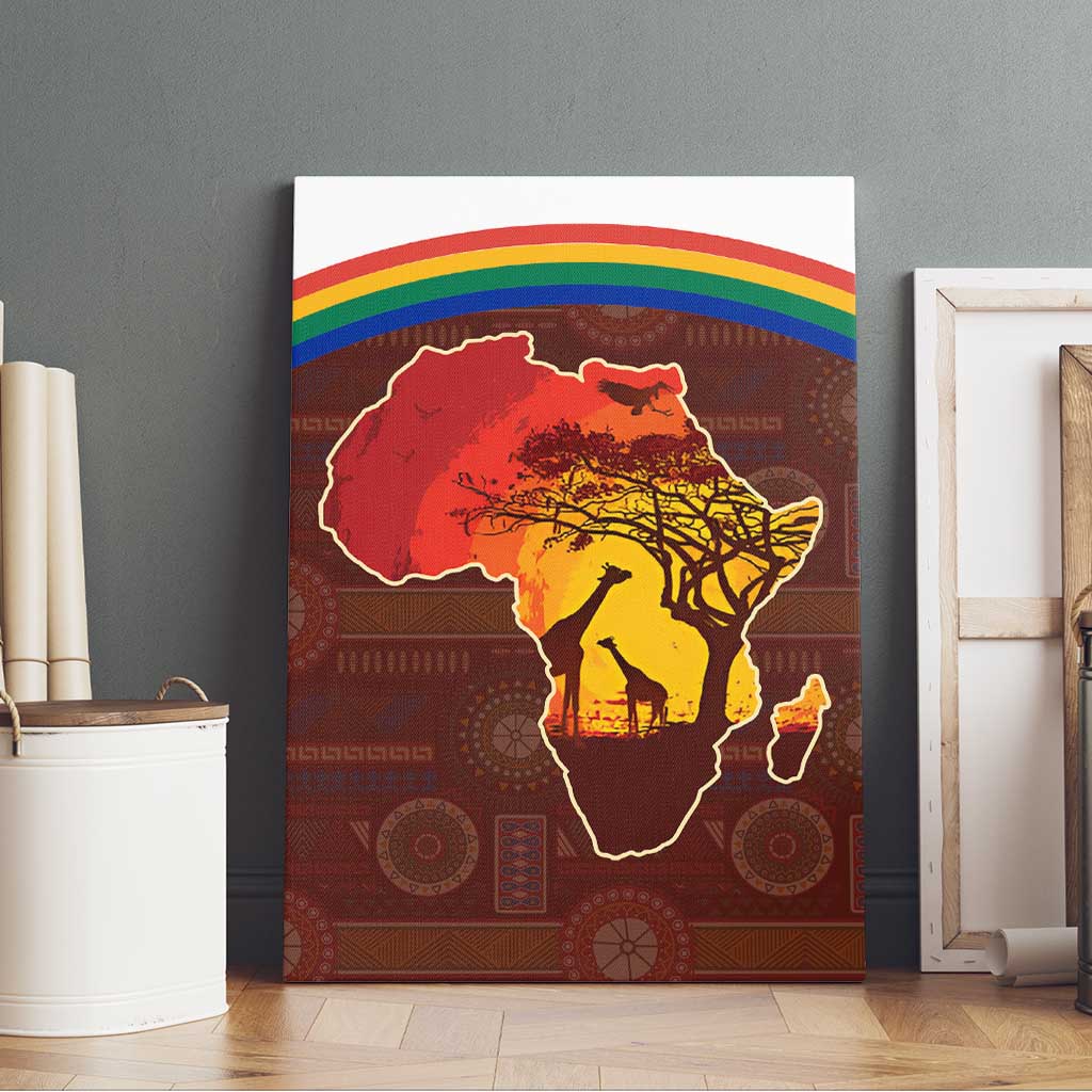 African Sunset Heritage Canvas Wall Art Tribal Pattern with Continent Silhouette, Rainbow Arc & Safari Scene