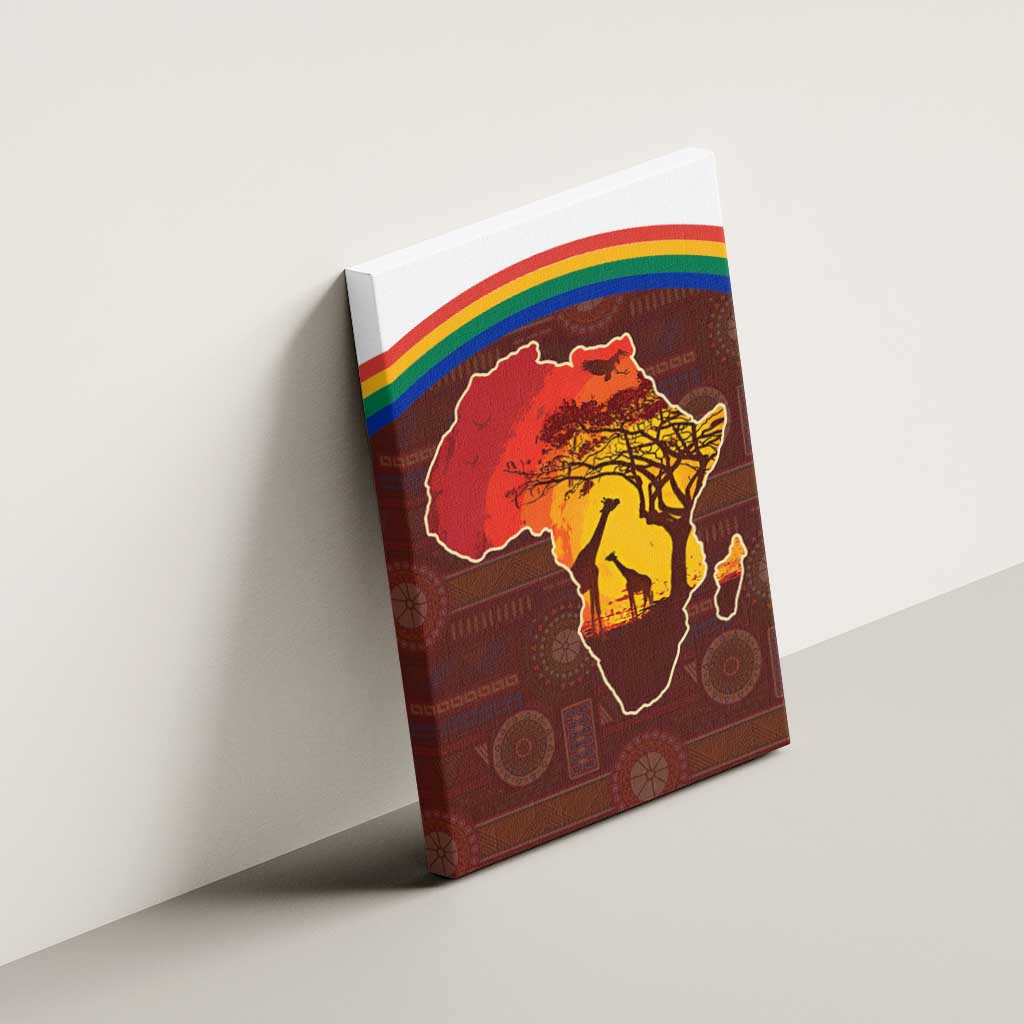 African Sunset Heritage Canvas Wall Art Tribal Pattern with Continent Silhouette, Rainbow Arc & Safari Scene