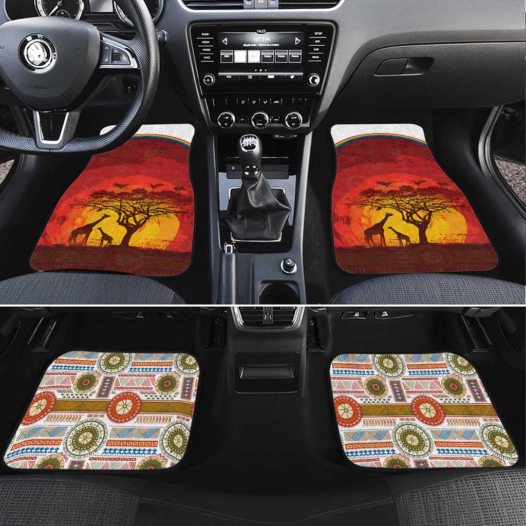 African Sunset Heritage Car Mats Tribal Pattern with Continent Silhouette, Rainbow Arc & Safari Scene