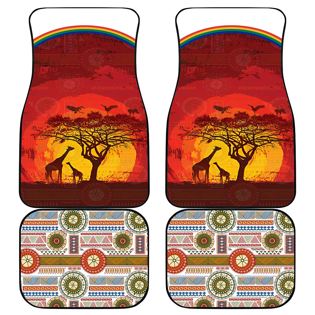 African Sunset Heritage Car Mats Tribal Pattern with Continent Silhouette, Rainbow Arc & Safari Scene