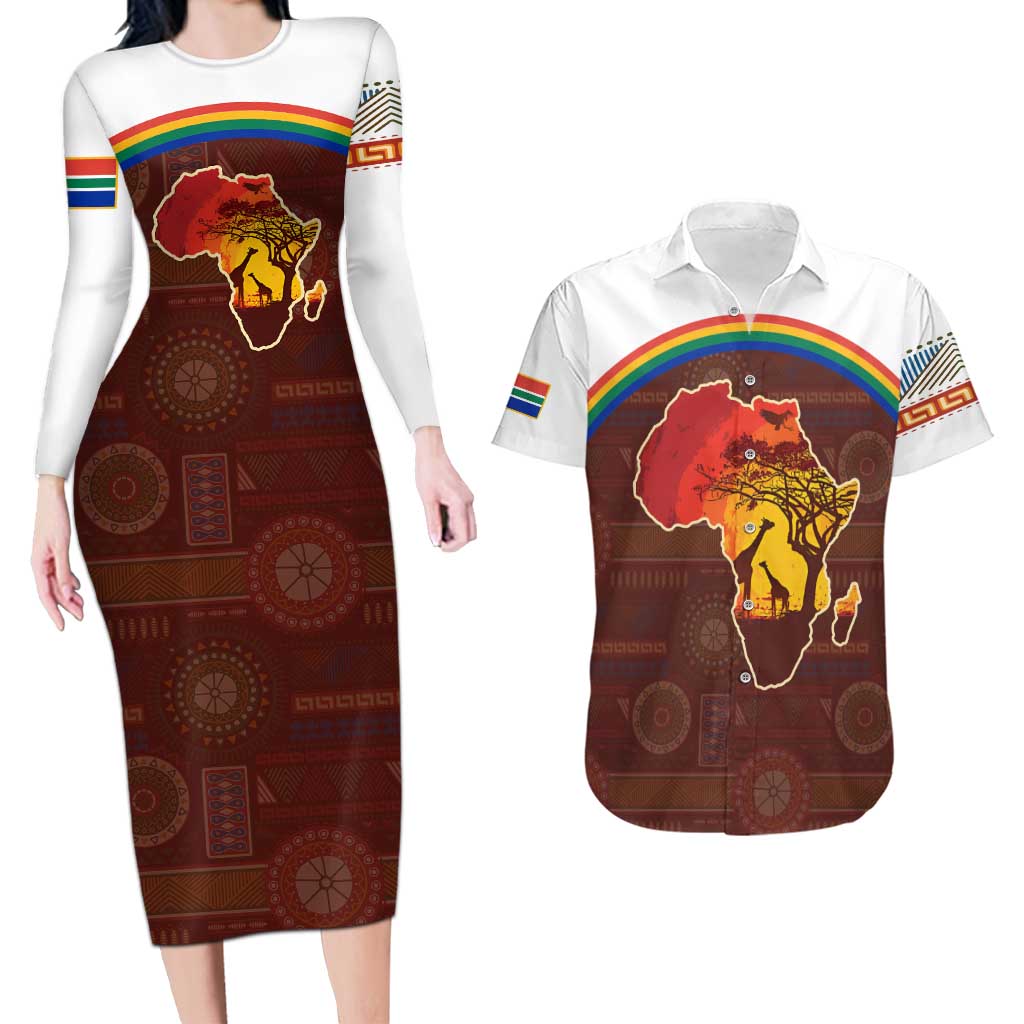 African Sunset Heritage Couples Matching Long Sleeve Bodycon Dress and Hawaiian Shirt Tribal Pattern with Continent Silhouette, Rainbow Arc & Safari Scene