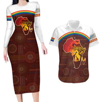 African Sunset Heritage Couples Matching Long Sleeve Bodycon Dress and Hawaiian Shirt Tribal Pattern with Continent Silhouette, Rainbow Arc & Safari Scene