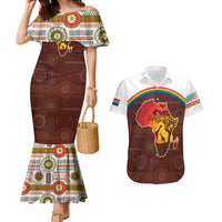 African Sunset Heritage Couples Matching Mermaid Dress and Hawaiian Shirt Tribal Pattern with Continent Silhouette, Rainbow Arc & Safari Scene
