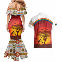 African Sunset Heritage Couples Matching Mermaid Dress and Hawaiian Shirt Tribal Pattern with Continent Silhouette, Rainbow Arc & Safari Scene
