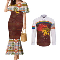 African Sunset Heritage Couples Matching Mermaid Dress and Long Sleeve Button Shirt Tribal Pattern with Continent Silhouette, Rainbow Arc & Safari Scene