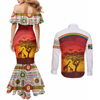African Sunset Heritage Couples Matching Mermaid Dress and Long Sleeve Button Shirt Tribal Pattern with Continent Silhouette, Rainbow Arc & Safari Scene