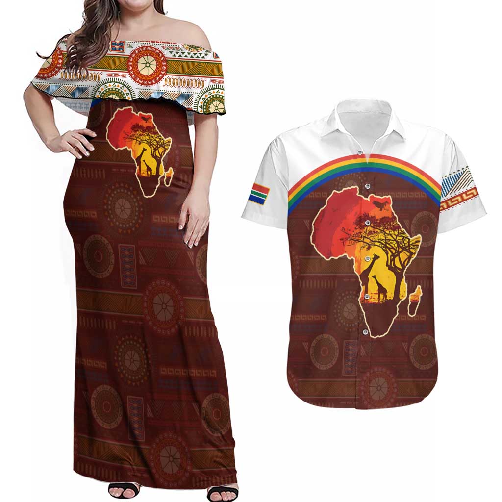 African Sunset Heritage Couples Matching Off Shoulder Maxi Dress and Hawaiian Shirt Tribal Pattern with Continent Silhouette, Rainbow Arc & Safari Scene