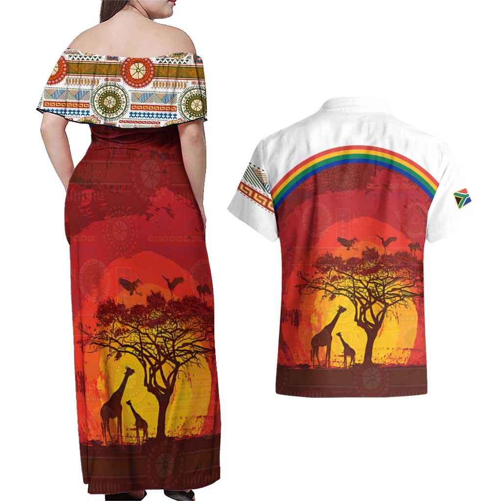 African Sunset Heritage Couples Matching Off Shoulder Maxi Dress and Hawaiian Shirt Tribal Pattern with Continent Silhouette, Rainbow Arc & Safari Scene